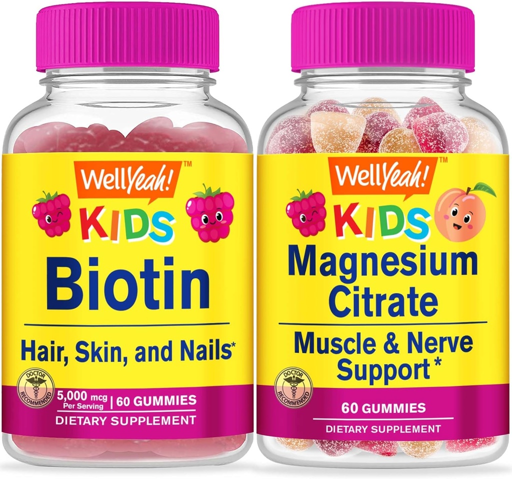 WellSi Biotin Kids + Magnesium Citrate Kids, Gummies Bundle - Great Tasting, Vitamin Supplement, Gluten Free, GMO Free, Chewable Gummy