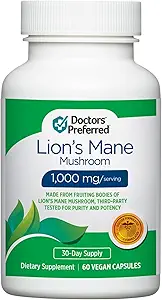 DOCTORS' PREFERRED Lions Mane Mushroom Suplemento - 1,000 mg/Serving, 60 cápsulas Vegan para la salud cerebral y el bienestar diario general.