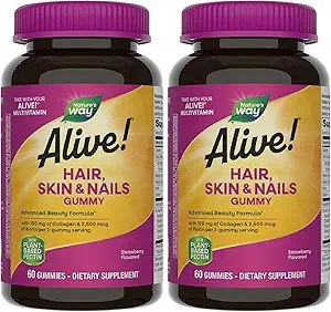 Nature's Way Alive! Hair, Skin & Nails Gummies, Advanced Beauty Formula*, with Biotin and Collagen, Strawberry Flavored, 60 Gummies (Packaging May Vary) (Pack of 2)