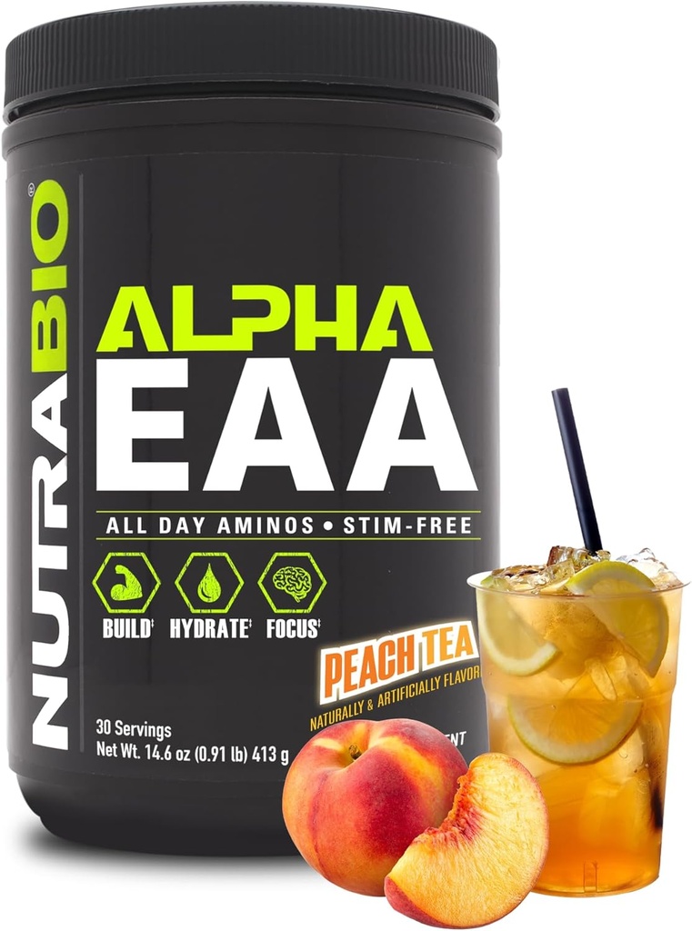 NutraBio Alpha EAA - Aminoácidos de todo el día para el crecimiento muscular y la hidratación - Aminoácidos esenciales con nootrópicos " Adaptógenos- Espectro completo EAA BCAA Powder - 30 Servings - Peach Tea