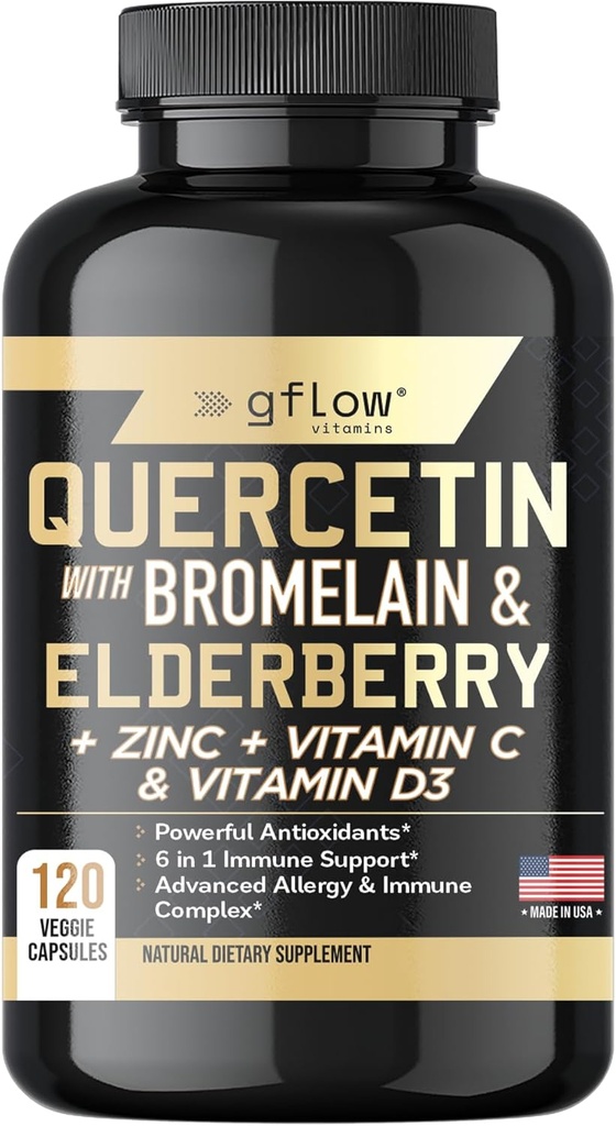 Quercetina con bromelaina Zinc Vitamina C Vitamina D Elderberry - 120 Veggie Capsules, Non-GMO, Gluten-Free ¦ Immune Support Suplemento TEN Made in USA ← 2 Months Supply