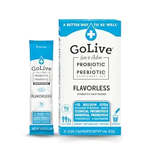 Prebiótico GoLive " Probiótico para Mujeres, Hombres, Niños. Flavor-Free, Sugar-Free, Sinbiótico Polvo w / GOS, L-Glutamina, Vitamina D3, Electrolitos. Para Gut Health, Digestión, Metabolismo, Inmunity 15-50B CFUs.