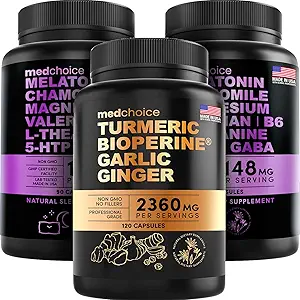 MEDCHOICE Turmeric " Ginger (120ct) y Sleep Melatonin (180ct) Suplemento Bundle - Wellness Duo for Joint, Digestion, Sleep, " Immune Support - Vegan, Non-GMO, Gluten-Free
