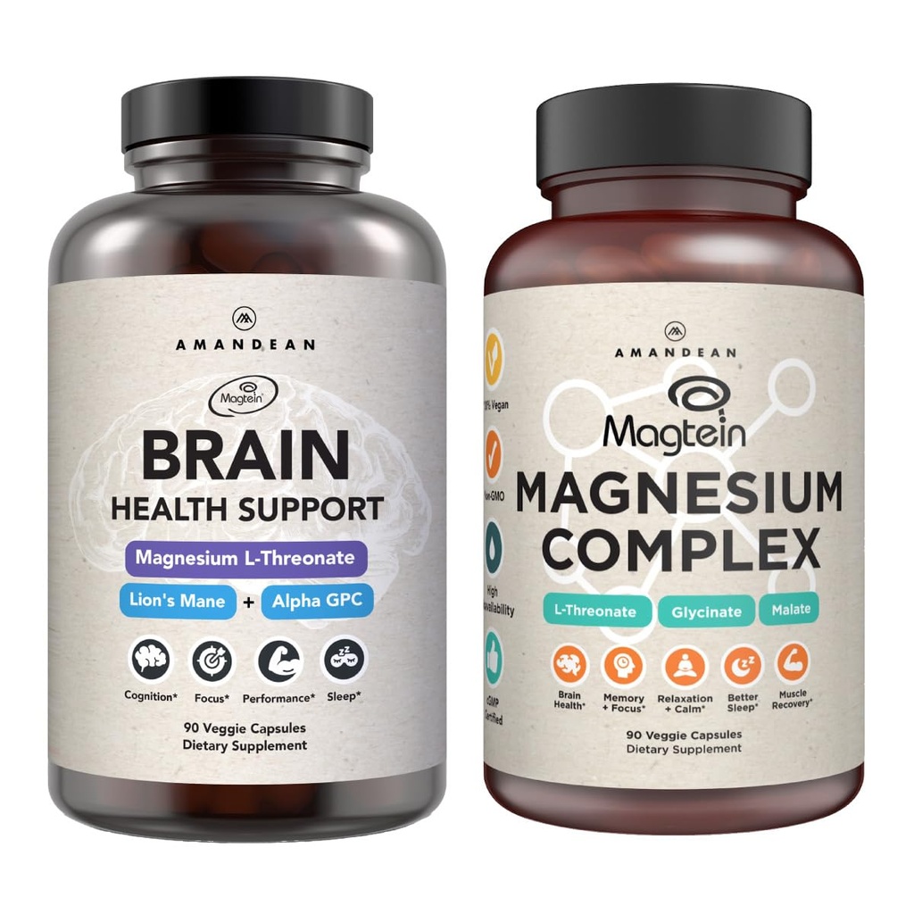 AMANDEAN Premium Brain & Magnesium Bundle: High-Absorption Magnesium L-Threonate, Glycinate & Malate, USA-Grown Organic Lion’s Mane 6:1 Extract, and Alpha-GPC. Supports cognitive health, focus & sleep