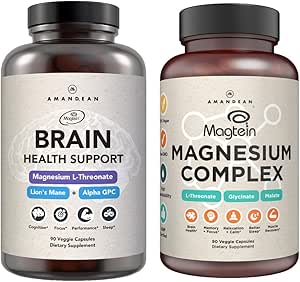 AMANDEAN Premium Brain &amp; Magnesium Bundle: High-Absorption Magnesium L-Threonate, Glycinate & Malate, USA-Grown Organic Lion’s Mane 6:1 Extract, and Alpha-GPC. Apoya la salud cognitiva, enfoque " sueño