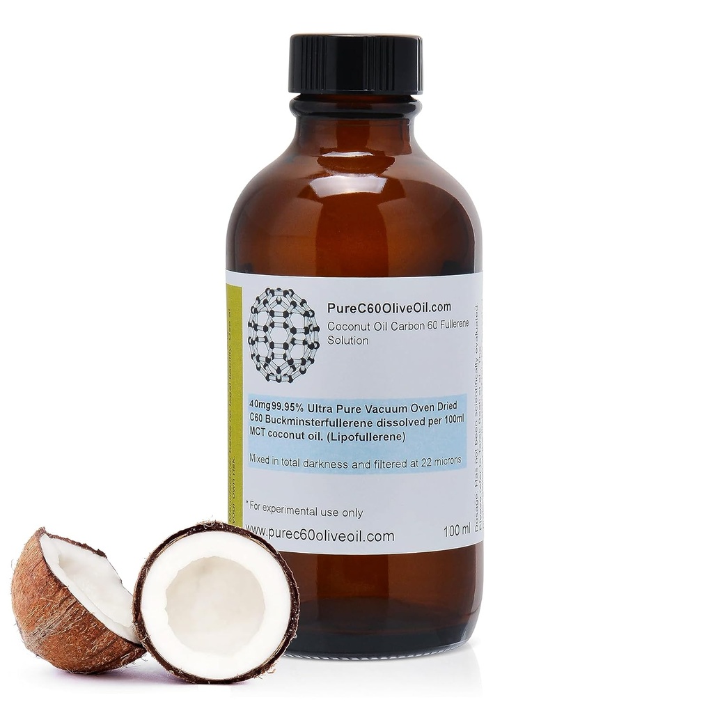 PureC60OliveOil C60 Organic MCT Coconut Oil 100ml / 3.4 Fl Oz - 99.95% Carbon 60 Solvent Free 40mg - Amber Glass Bottle - Grado de alimentos - Carbono 60 Coconut Oil - Del productor mundial líder