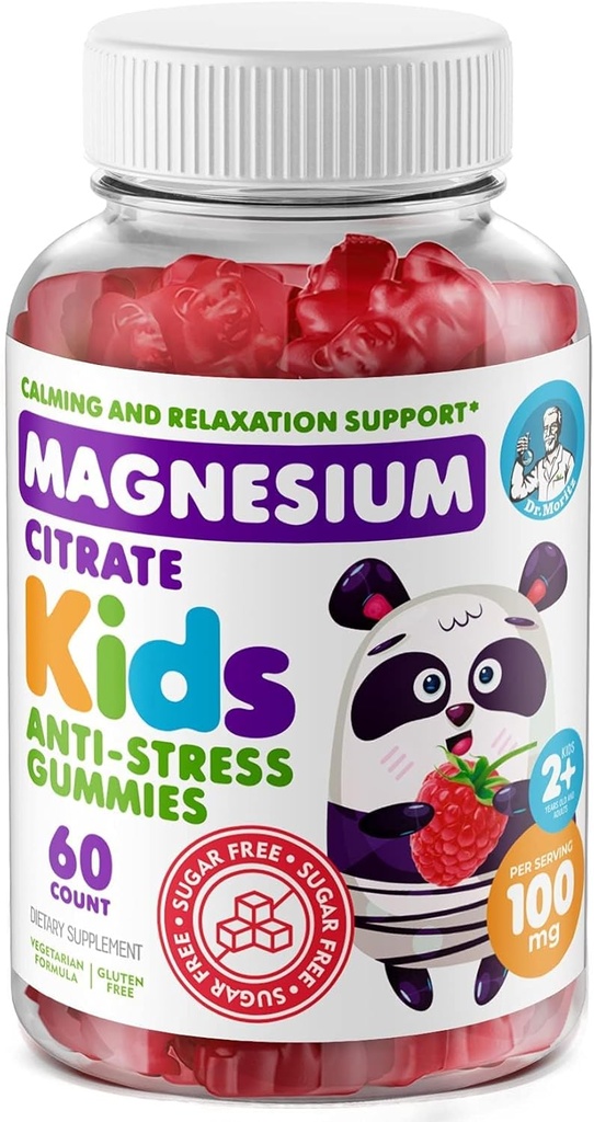 DR. MORITZ Gafas de magnesio de calma libre de azúcar para niños y adultos - Gummies de magnesio para niños no transgénicos - Raspberry Flavor - 1-Pack (60 Cuenta)