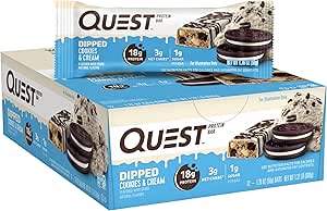 Quest Nutrition Dipped Chocolate Cookies " Cream Protein Bares, High Protein, Low Carb, Gluten Free, Keto Friendly, 12 Count