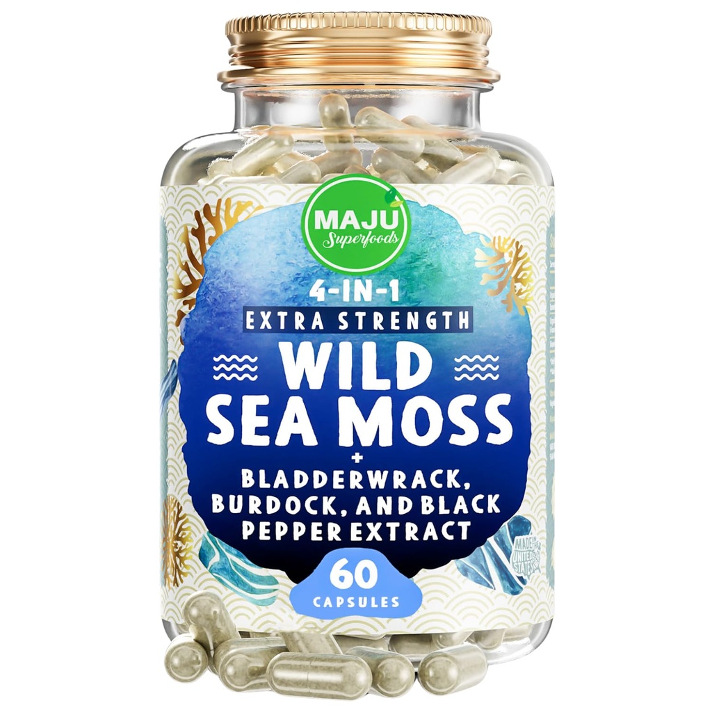 MAJU 4-in-1 Organic Sea Moss Capsules, Wild Chondrus Crispus, Seamoss w/Bladderwrack + Burdock Root, Stronger Than Gel, Irish, Sebi Inspired Raw Powder en Pills, 500 mg Capsule (60 ct)