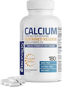 Bronson Calcium 1200 MG Por Serving Sustained Release with Vitamin D3 1000 IU Vitamin D3 Por Serving Non-GMO, 180 Tablets