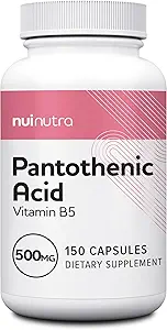NUI NUTRA Ácido Pantoténico (Vitamin B5) Suplemento 500mg, 150 cápsulas - Apoya Energía, Enfoque, Sistema Digestivo, " Esquí saludable