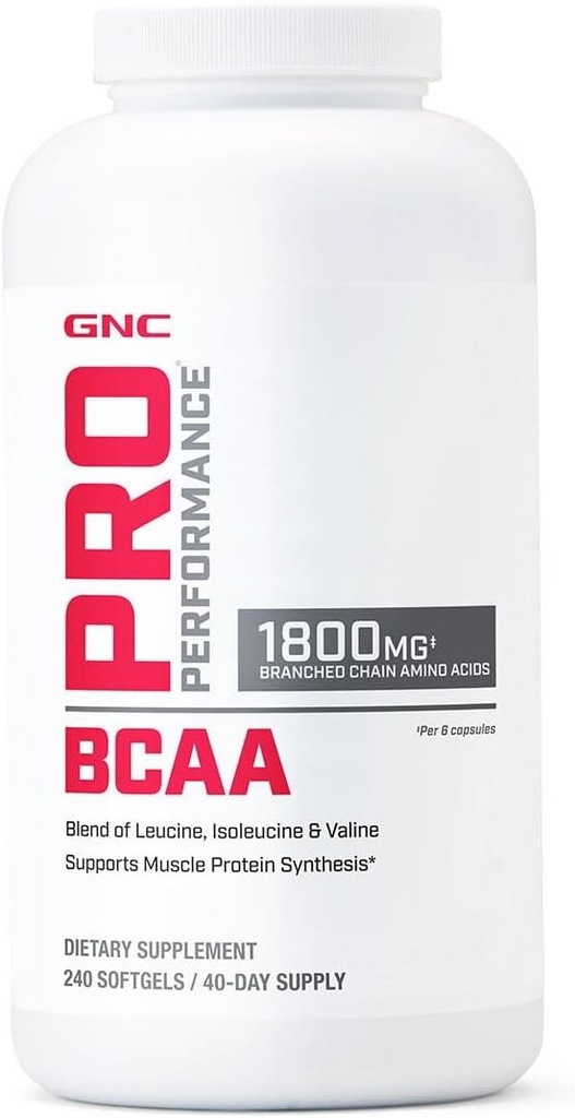 GNC Pro Performance BCAA 1.8g, 3er Parte Tested Suplemento para Hombres &amp; Mujeres, Aminoácidos de Cadena Sustituida, Aminoácidos Esenciales Soporta Muscle Protein Synthesis, 240 Softgels, 40 SVG