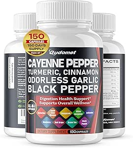 Cayenne Pepper Turmeric Ajo sin olor Cinnamon Fenugreek Citrus Bergamot Artichoke Blueberry Green Tea Black Pepper -150 Capsules- Hecho en Estados Unidos