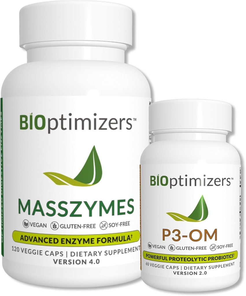 BiOptimizers - P3-OM y MassZymes Bundle - Premium Digestive Enzymes and Probiotics for Women and Men - Doctor-Formulated (120 MassZymes Capsules, 60 P3-OM Capsules)
