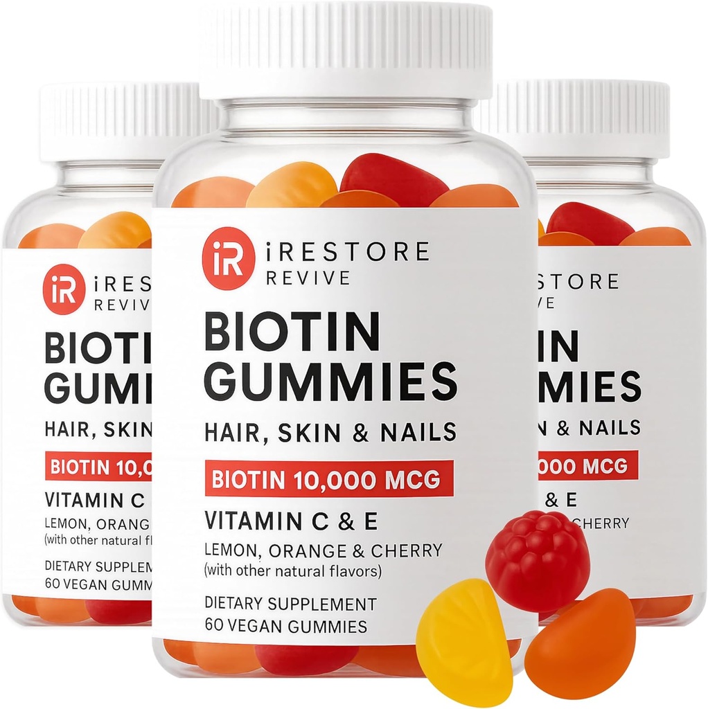 iRestore Hair Gummy Vitaminas, Vegan Biotin Gummies for Hair Skin and Nails, Hair Growth Gummies for Women &amp; Men, Biotin 10,000mcg, 3PK