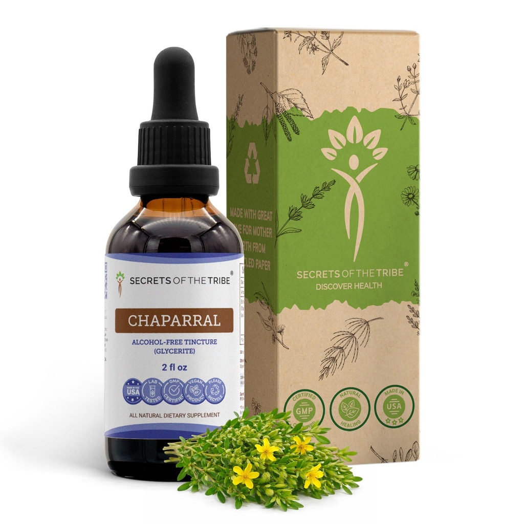 Secretos de la Tribu Chaparral Extracto líquido libre de alcohol, Chaparral (Larrea tridentata) Leaf seco y Suplemento de Tintura de flores (2 FL OZ)