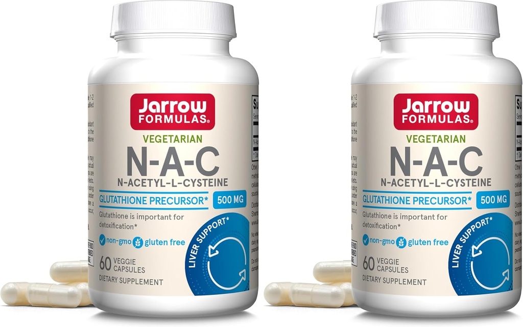 Fórmulas Jarrow N-A-C 500 mg - Suplemento Antioxidante Aminoácidos Apoyos Función de salud celular y hígado - Precursor a Glutathione - Hasta 60 Servings (Veggie Caps) (Pack of 2)