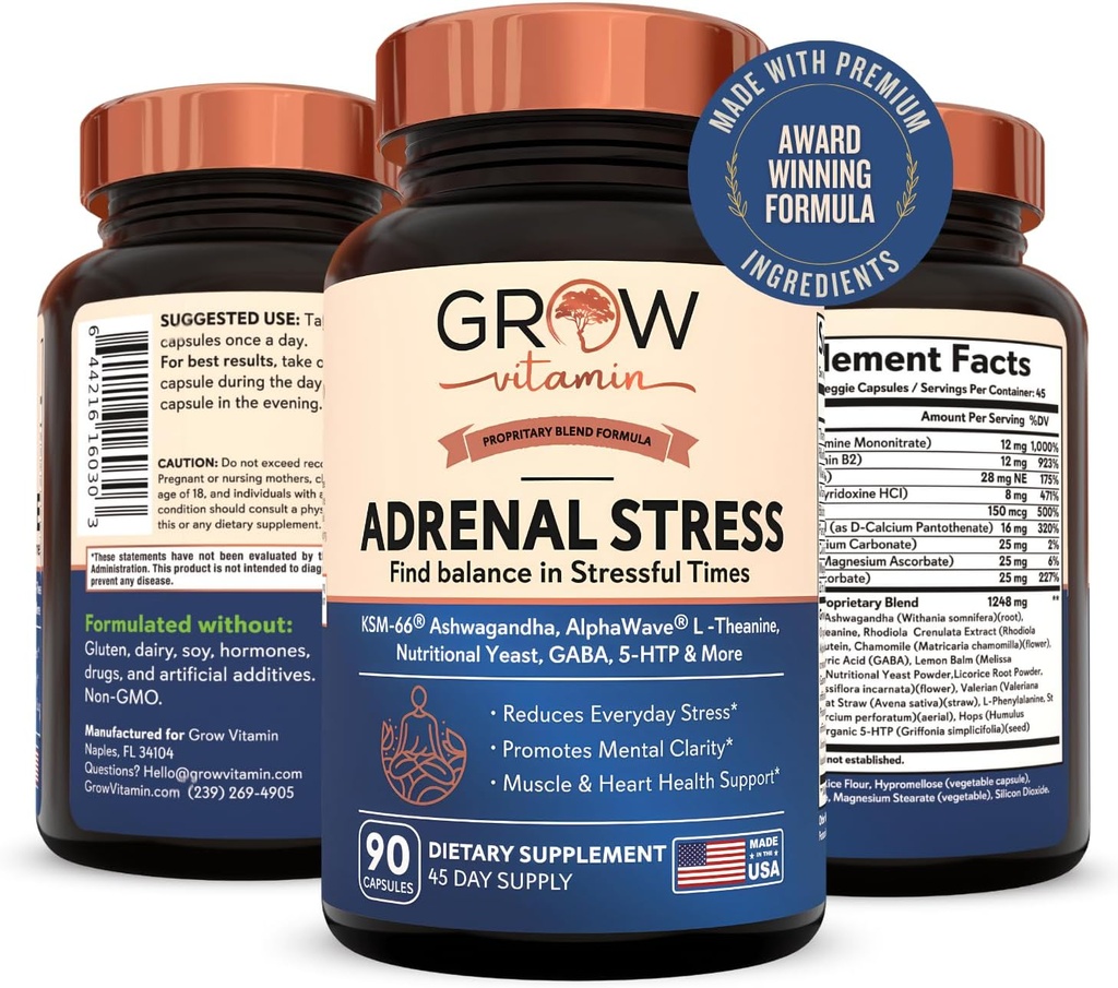 Crecer Vitamina Adrenal Stress Advanced Formula, Orgánica KSM-66 Ashwagandha con AlphaWave L-Theanine, 5-HTP, Magnesium Blend - Alivio de estrés diario, Mood Support, Cognitive, Brain Health, 90 cápsulas