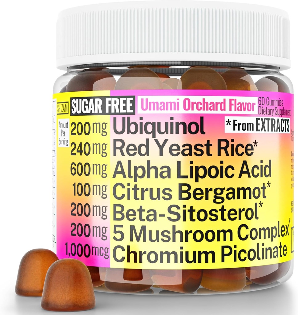 Levadura roja arroz alfa lípoico Ubiquinol CoQ10 Citrus Bergamot Beta-Sitosterol Chromium Picolinate Sugar-Less Gummies w Lion's Mane Turkey Tail Reishi Cordyceps Chaga, Pills Capsules Suplemento Alt