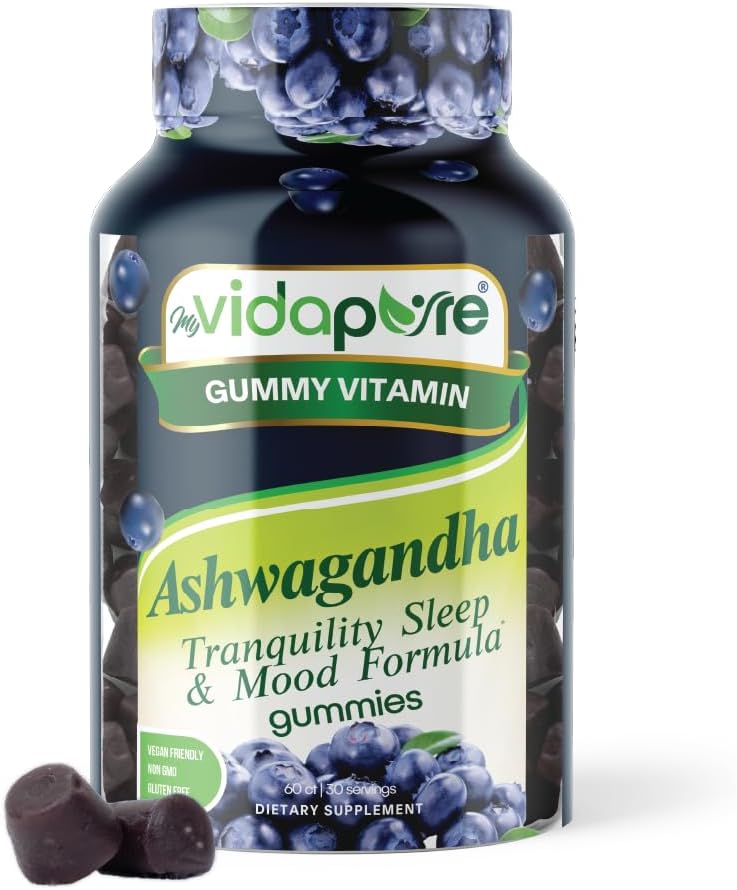 Ashwagandha Gummies, High Potency Ashwagandha Root Extract with Magnesium Glycinate, Melatonin, B6, Valerian Root, GABA, Passion flor for Men and Women. 60 Cuenta 30 porciones de myVidaPure