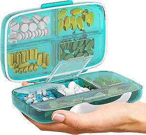 Organizador de píldoras de viaje - Airtight Medicine Case for Traveling Portable Pharmacy Box with Labels Vitamin Container 8 Compartment Supplement Medication Holder Large Capacity Daily (Green)