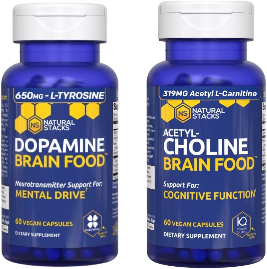 NATURAL STACKS Dopamine &amp; Acetylcholine Brain Food Bundle - Supports Mental Drive and Cognitive Function* - 120 Total Capsules