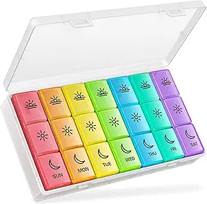 BUG HULL Pill Organizer 3 veces al día, gran organizador semanal de píldoras de medicina 3X al día, 7 días caja de píldoras Buenos días Noon Evening for Vitamin, Cod-Liver Oil, Suplementos (Rainbow White)