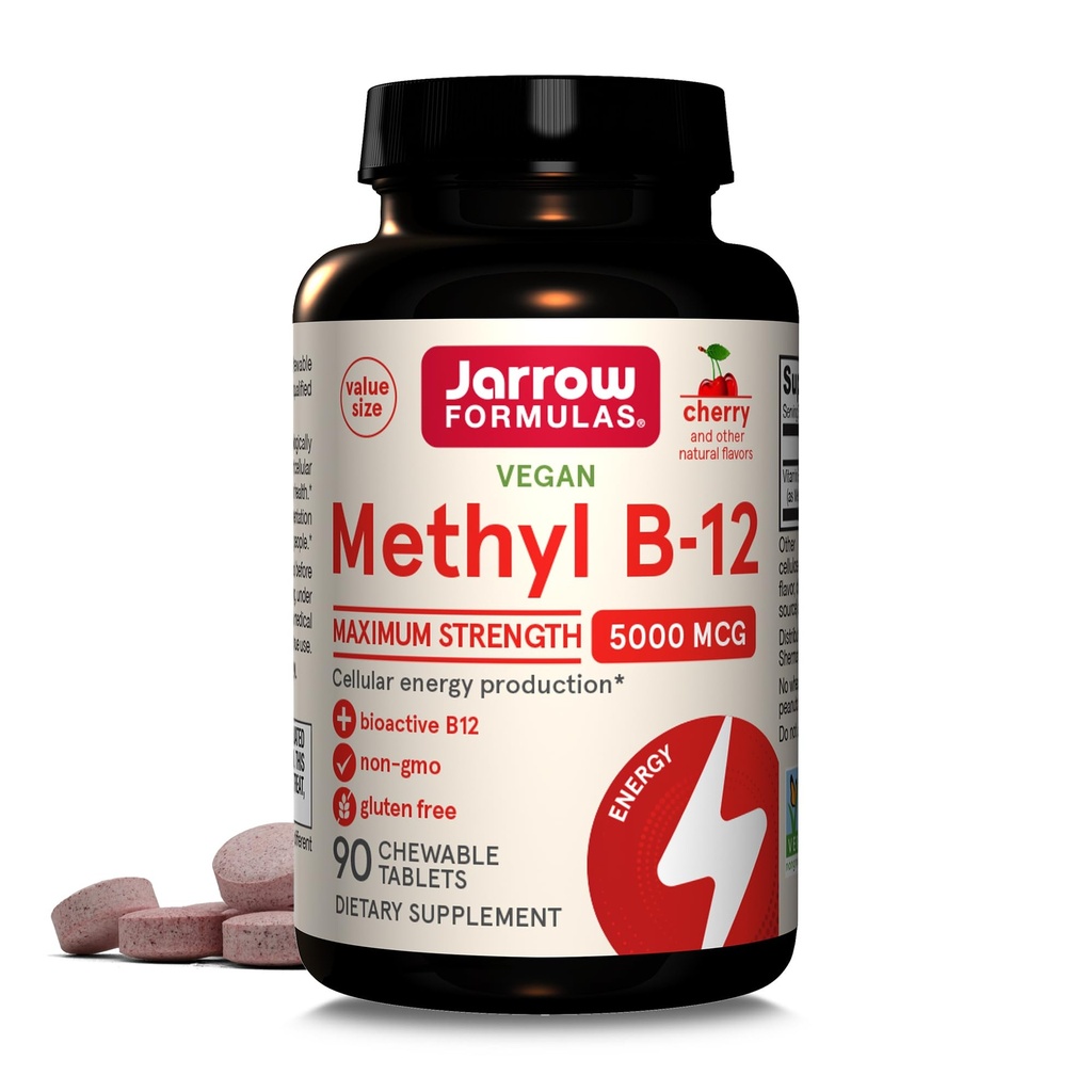 Fórmulas Jarrow Vitamina B12 5000 mcg - Fuerza máxima para la energía celular y la salud cerebral, 90 tabletas de cereza, vitaminas B12 5000 mcg