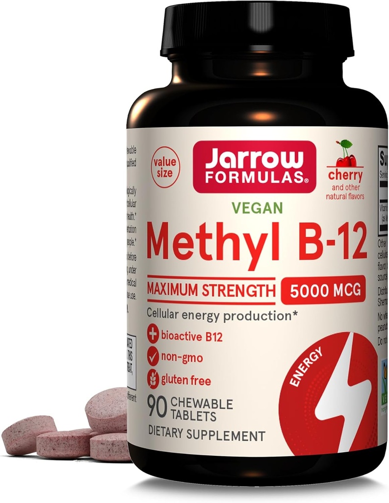 Fórmulas Jarrow Vitamina B12 5000 mcg - Fuerza máxima para la energía celular y la salud cerebral, 90 tabletas de cereza, vitaminas B12 5000 mcg