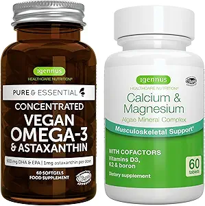 Vegan Omega-3 + Calcio &amp; Magnesio Complejo Vegan Bundle, EPA sostenible & DHA Algae Oil 1340mg + 2:1 Complejo Mineral de Algas Plantas, por Igennus