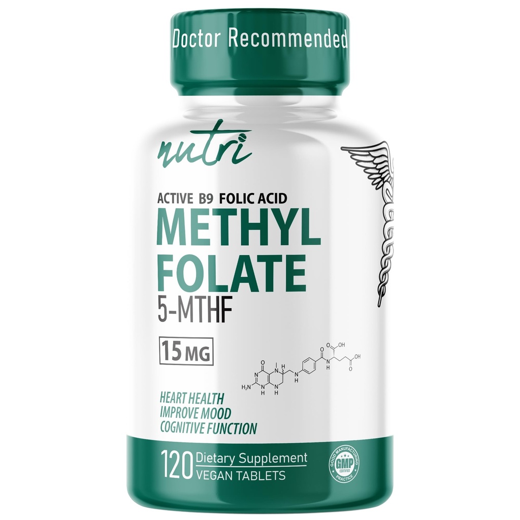 Fusiones de la naturaleza Nutri 5-MTHF L Methylfolate 15MG - 4 Month Supply, 120 Vegan Tablets - Methylated Folate Supplement - Cognitive Function, Heart Health, Prenatal Support - Methylated Folic Acid