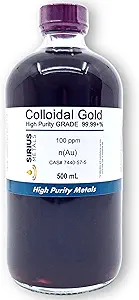 True Colloidal Gold (100 ppm) - 99.99+% Purity - 500 mL (16.9 Fl Oz) en una botella de vidrio transparente