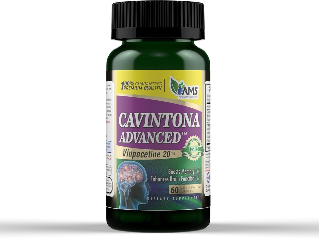 America Medic &amp; Science Cavintona Advanced Supplement – Vinpocetine 20mg for Memory, Recall & Brain Health – Supports Cognitive Function, Focus, Mental Clarity & Blood Flow – 60 cápsulas