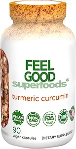 FeelGood Superfoods 1000mg Tormeric Curcumin Capsules, Fortificado con 95% Curcumin Extract y Black Pepper Extract, 90 Cuenta