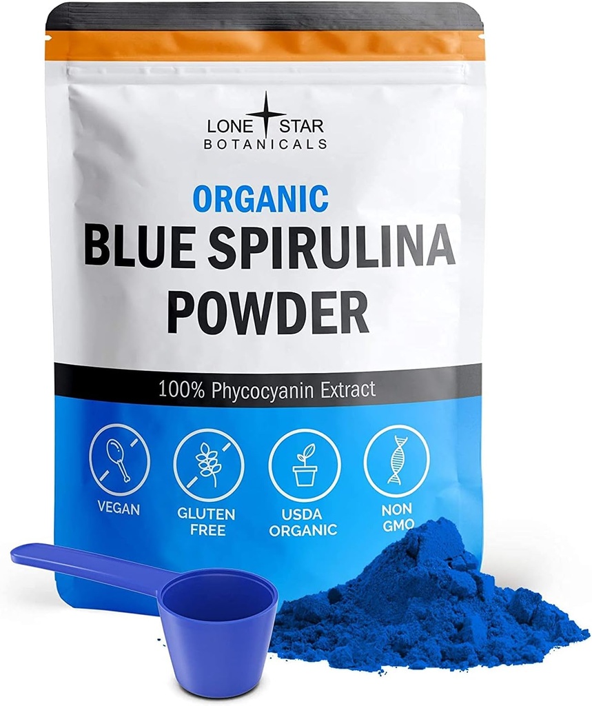 Botánicos de Estrella Solitaria Orgánica Blue Spirulina Powder - 100% Pura Alga Azul-Green, No Fishy Smell, Vegan Superfood for Smoothies & Drinks, Non GMO, Gluten-Free, Vegan