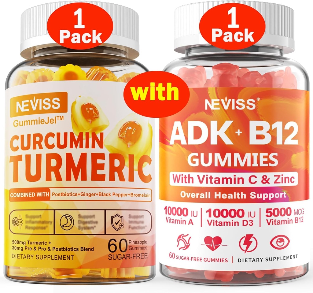 1Pack Turmeric Curcumin Gummies rellenos + 1Pack Vitamina ADK con B12 Gummies