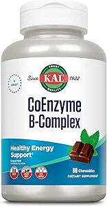 KAL CoEnzyme Vitamina B Complejo, Chewable B Vitaminas para la Energía Saludable, Red Blood Cell y Nerve Función Soporte w / Vitamin B12, B6, Ácido Fólico, Natural Cocoa Mint, Vegan, Sugar Gratis, 30 Serv, 60ct