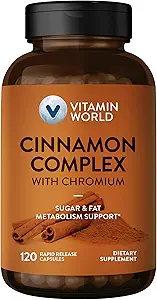 Complejo de canela mundial de vitaminas con cromo, 1000 mg Suplementos de canela con cromo de alta potencia para el metabolismo saludable y protección antioxidante, 120 cápsulas, 2 mes de suministro, Gluten Free