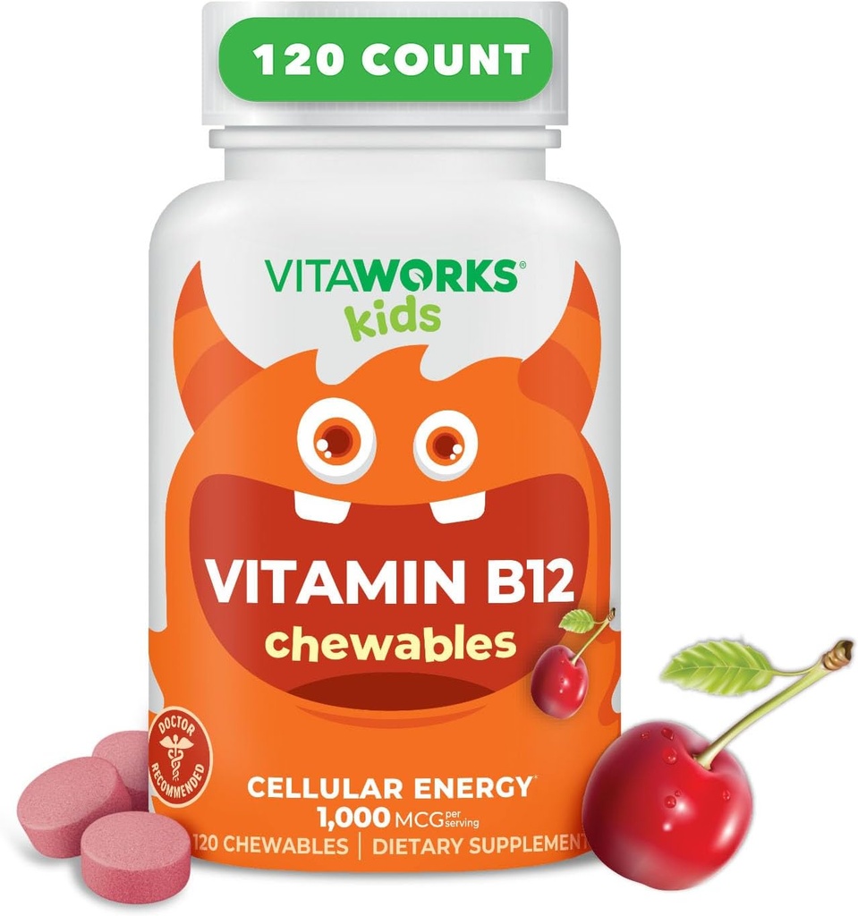Niños Vitamina B12 1000 mcg Tablas Chewable - Tasty Natural Cherry Flavor - Vegan, GMO-Free, Nut Gratis - Suplemento dietético - Vitaminas de energía celular para niños - 120 Chewables