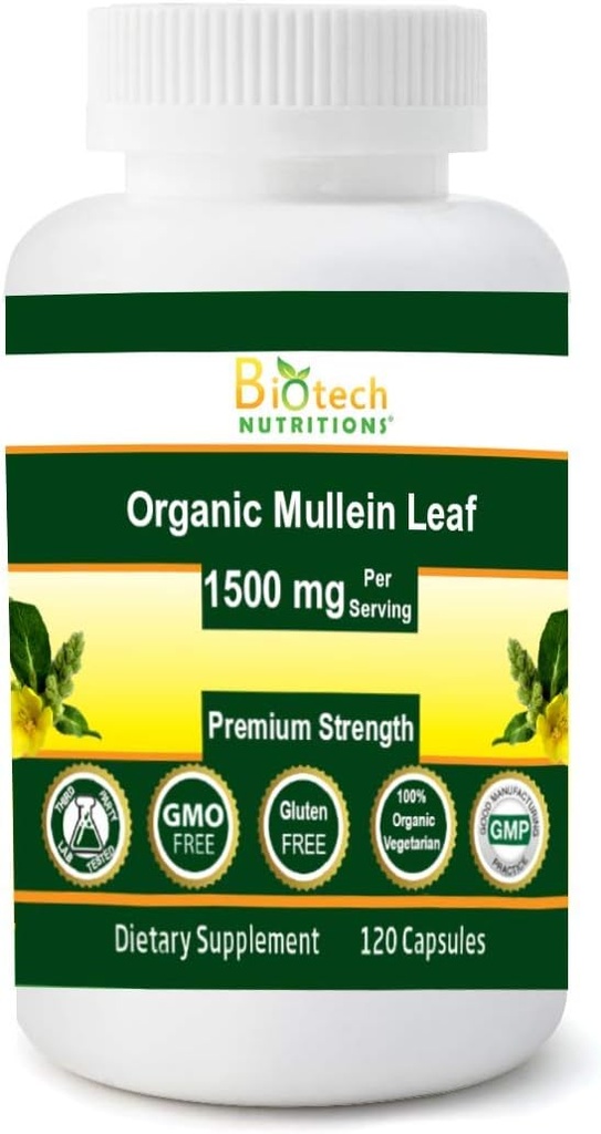 Hoja de Mullein Orgánica 1500 mg Servir 120 cápsulas vegetales Hecho en EE.UU.