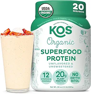 KOS Vegan Protein Powder, Unflavored & Unsweetened - Low Carb Pea Protein Blend, Ecológico Superfood Rich in Vitamins & Minerals - Keto, Soy, Dairy Free - Meal Replacement for Women &amp; Hombre - 20 Servings