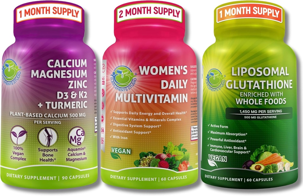 Vegan Bone &amp; Immune Support Bundle - Liposomal Glutathione 500mg con alimentos integrales orgánicos + Multivitamina diaria de mujeres con calcio de hierro y base vegetal, Magnesium, D3, K2, Zinc y Turmeric