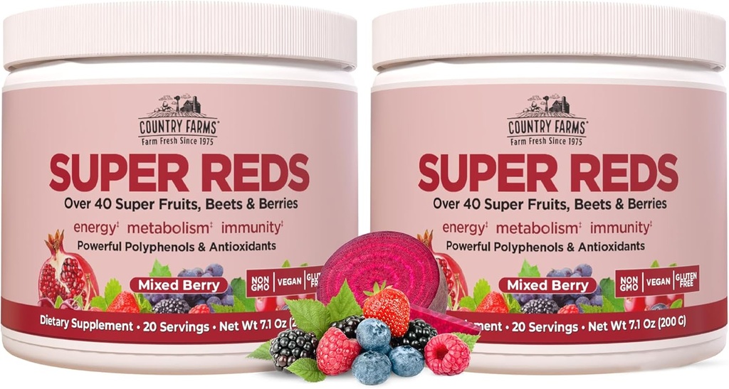 COUNTRY FARMS Super Reds, Energizing Polyphenol Superfood, Más de 40 Super Fruits y Berries, potentes antioxidantes y polifenoles, apoya la energía, apoya la circulación, 40 Servings, mixed Berry