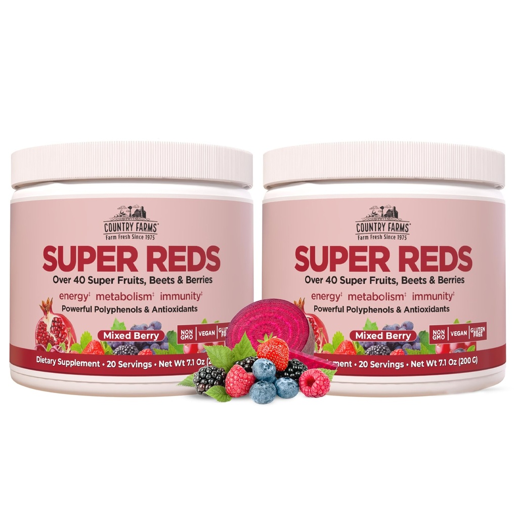 COUNTRY FARMS Super Reds, Energizing Polyphenol Superfood, Over 40 Super Fruits and Berries, Powerful Antioxidants and Polyphenols, Supports Energy, Supports Circulation, 40 Servings, Mixed Berry