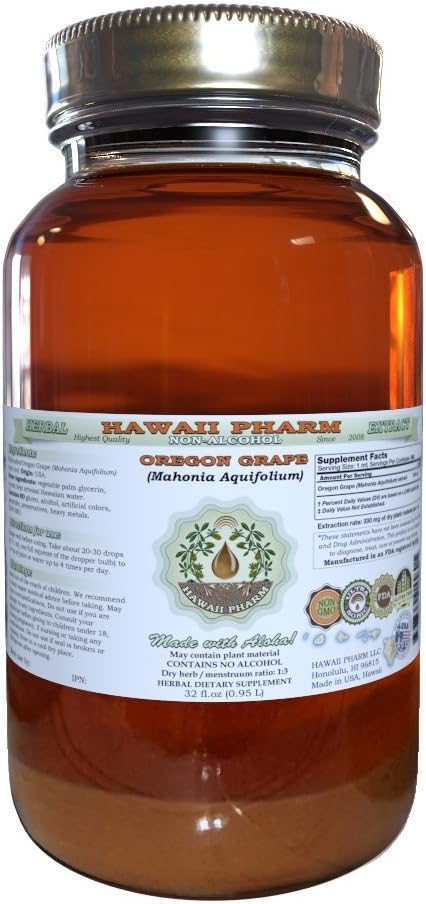 Hawaii Pharm Oregon Grape Alcohol-Free Liquid Extract, Oregon Grape (Mahonia acufolium) Dried Root Glycerite Natural Herbal Supplement, USA 32 fl.oz