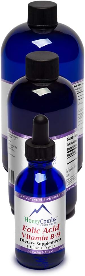 HoneyCombs Vitamina B9 Liquid Drops - High Potency Liquid Vitamin B9 Folic Acid Supplement for Women - Maintain Healthy Liver, Pregnancy, &amp; Global Health - Cold Pressed Vegan Vitamins Drops (16 Fl oz)