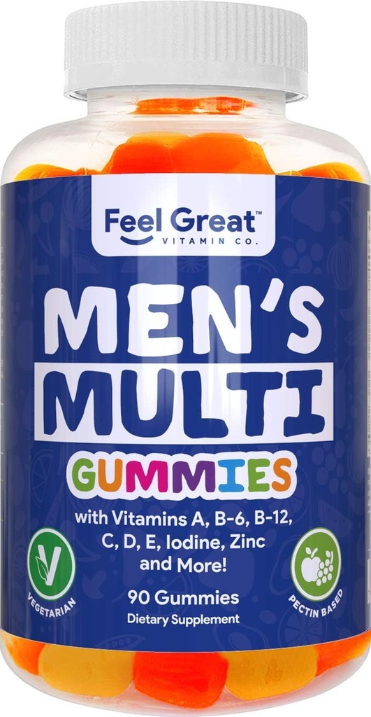 Siente Gran Vitamina Co. Mangas multivitamínicas masculinas, empacadas con vitamina A, B-6, B-12, Biotina, C, D3, E, Iodine, Ácido fólico, Zinc. Hecho en Estados Unidos. Suministro de 45 días