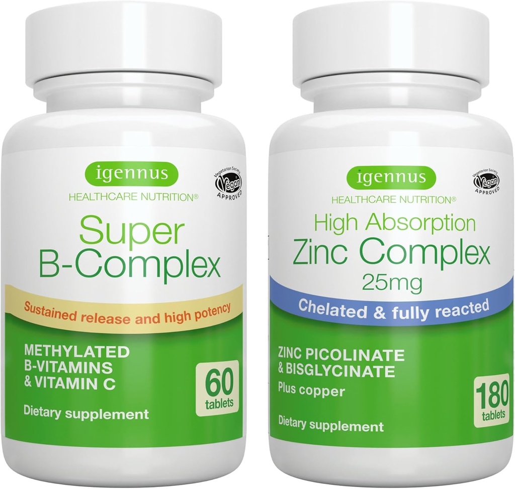 Super B-Complex + Zinc Complex Vegan Bundle, Methylated Sustained Release B Complex + 25mg Chelated Zinc Picolinate & Bisglycinate with Copper, by Igennus