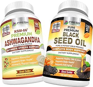 FRESH HEALTHCARE Ashwagandha KSM 66 y Black Seed Oil - Bundle