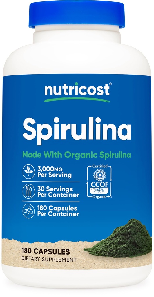 Nutricost Spirulina 3,000mg, 180 Capsules for 30 Servings - CCOF Certified Made with Organic Spirulina, Gluten Free, Vegetarian